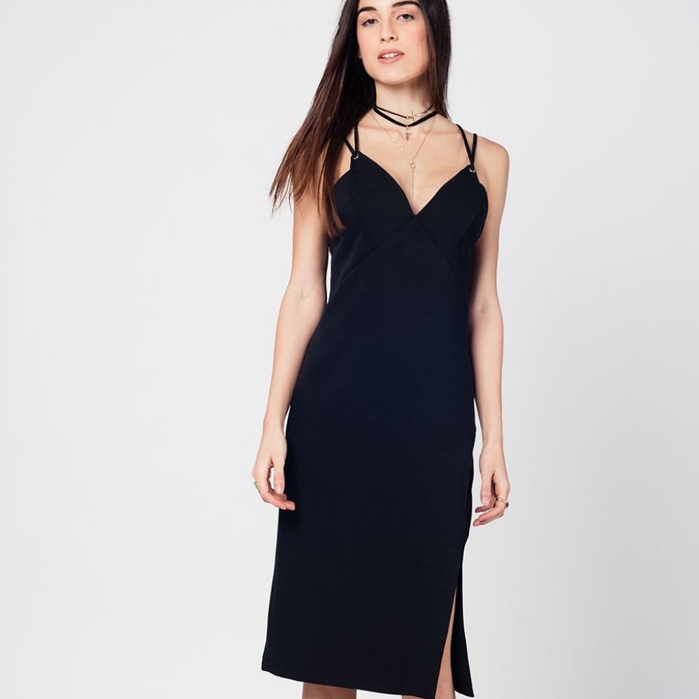 Q2 Mid-length Black Dress w/ Crossed Detail Back